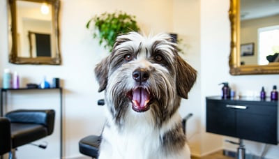 A happy, freshly groomed dog in a calm, home-based salon setting. A happy, freshly groomed dog in a calm, home-based salon setting.